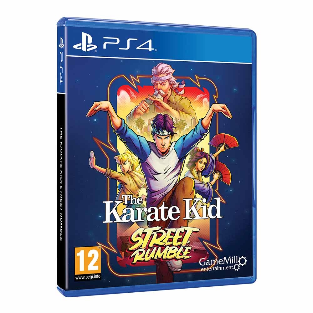 The Karate Kid Street Rumble for PlayStation 4 features vibrant artwork with a young martial artist in a dynamic pose, surrounded by characters in colorful attire against a bold background.