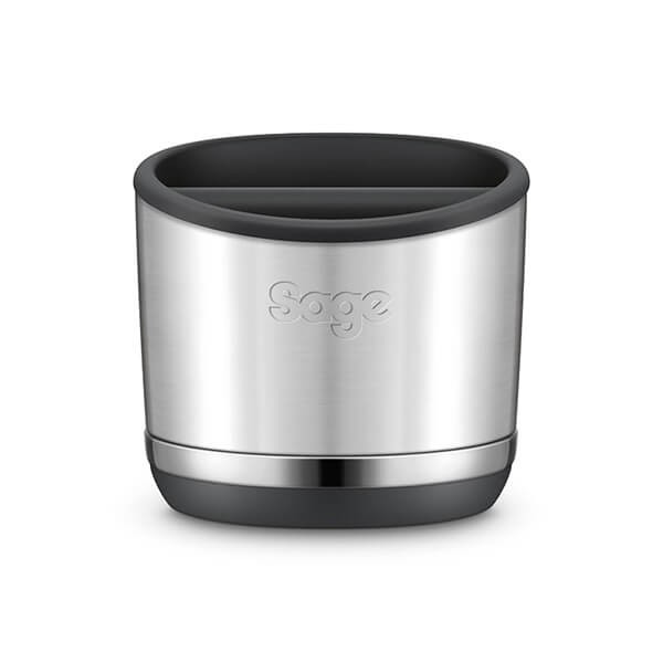 Sage's Knock Box™ 10" features a sleek stainless steel exterior, a black rubber base, and a dual compartment design for easy coffee grounds disposal.