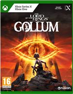 The Lord of the Rings: Gollum game case features a striking orange Eye of Sauron, with a dark silhouette of Gollum against a rocky background, on a green Xbox Series X box.