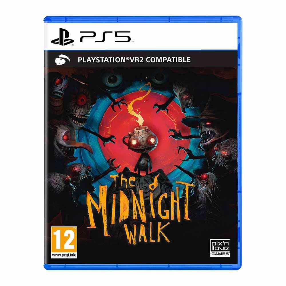 The Midnight Walk for PS5 features a vibrant blue case with a dark, whimsical cover art showcasing a glowing character surrounded by eerie figures.