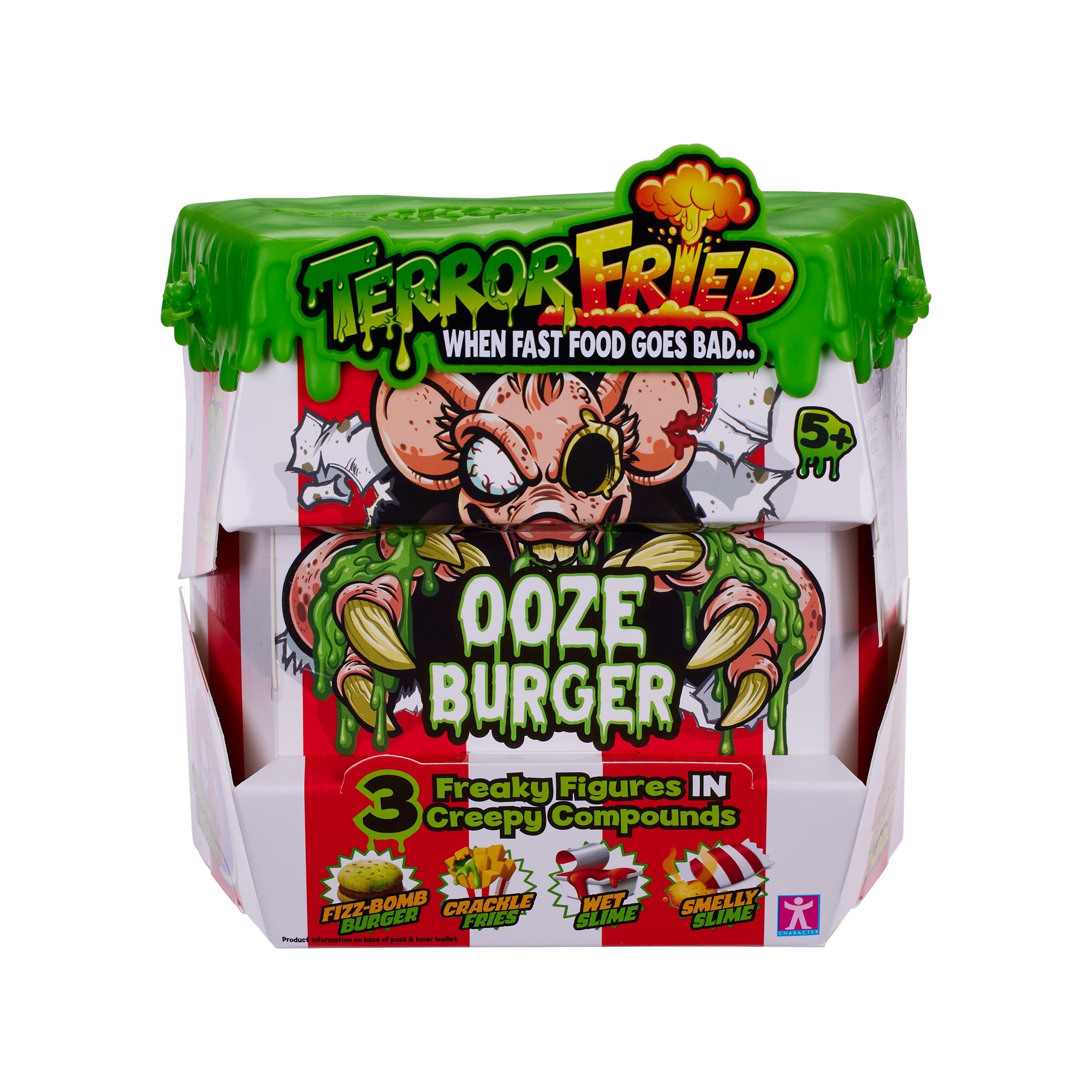 Green and red packaging featuring a cartoon pig with a mischievous expression, labeled "Ooze Burger" with dripping slime and illustrations of creepy figures inside.