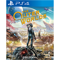 The Outer Worlds for PlayStation 4 features a vibrant sci-fi landscape with a character in a futuristic suit, colorful planets, and alien creatures in the background.