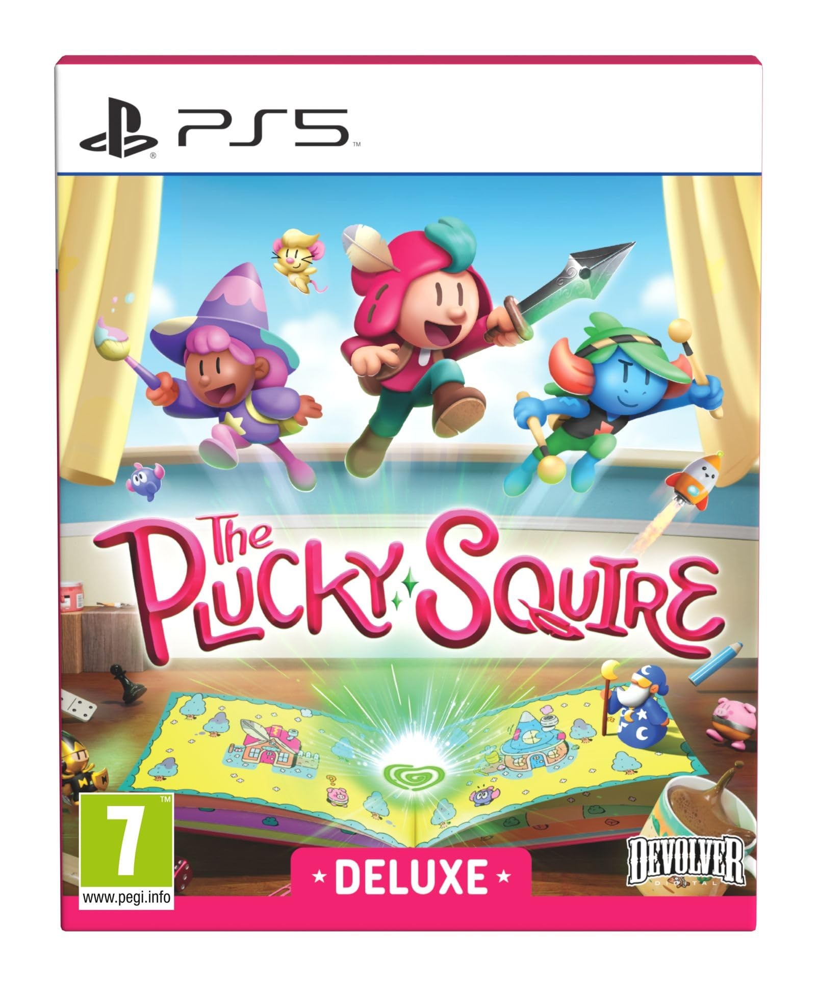 Colorful game cover featuring "The Plucky Squire" title, with characters in vibrant outfits, a whimsical background, and a prominent "Deluxe" label for PS5 by Devolver.
