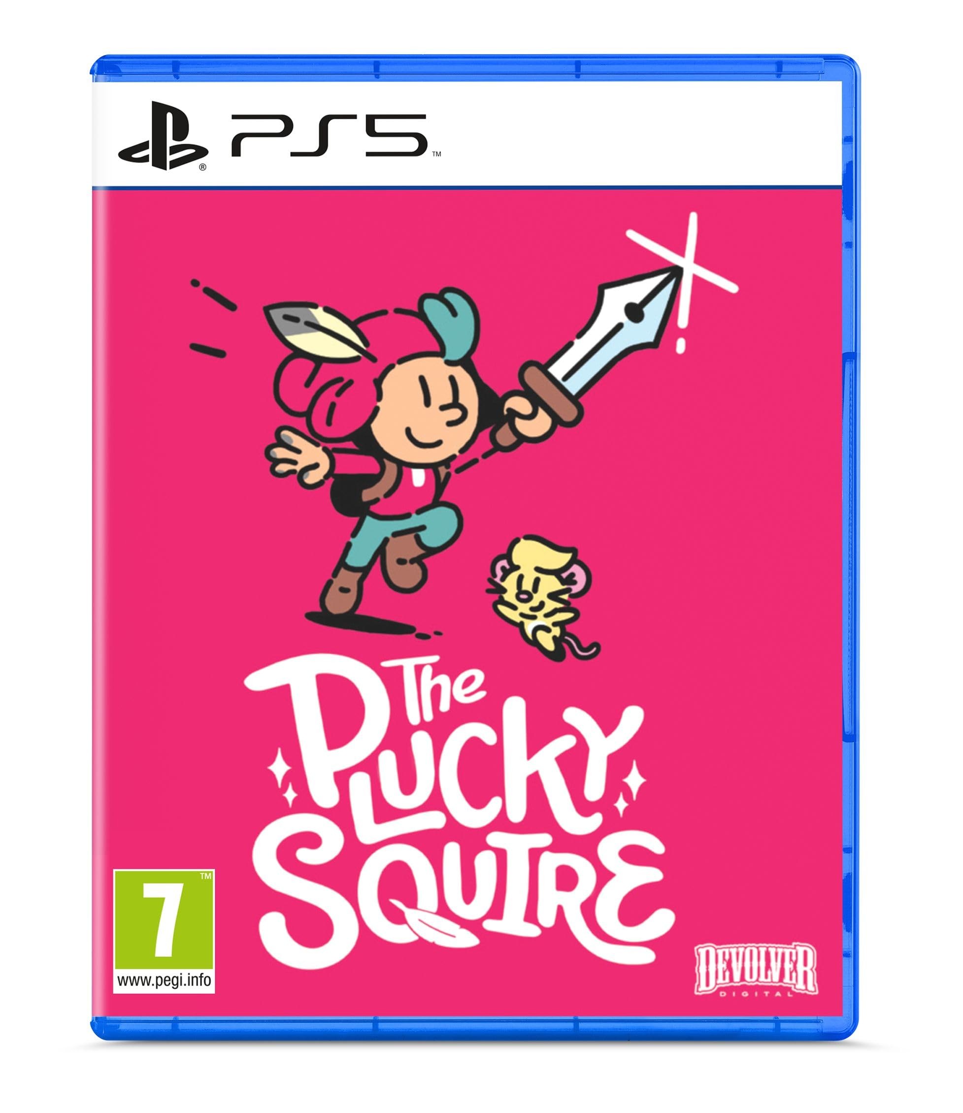 Bright pink game cover featuring a cartoon character wielding a sword, accompanied by a small creature, with the title "The Plucky Squire" prominently displayed in playful white lettering.