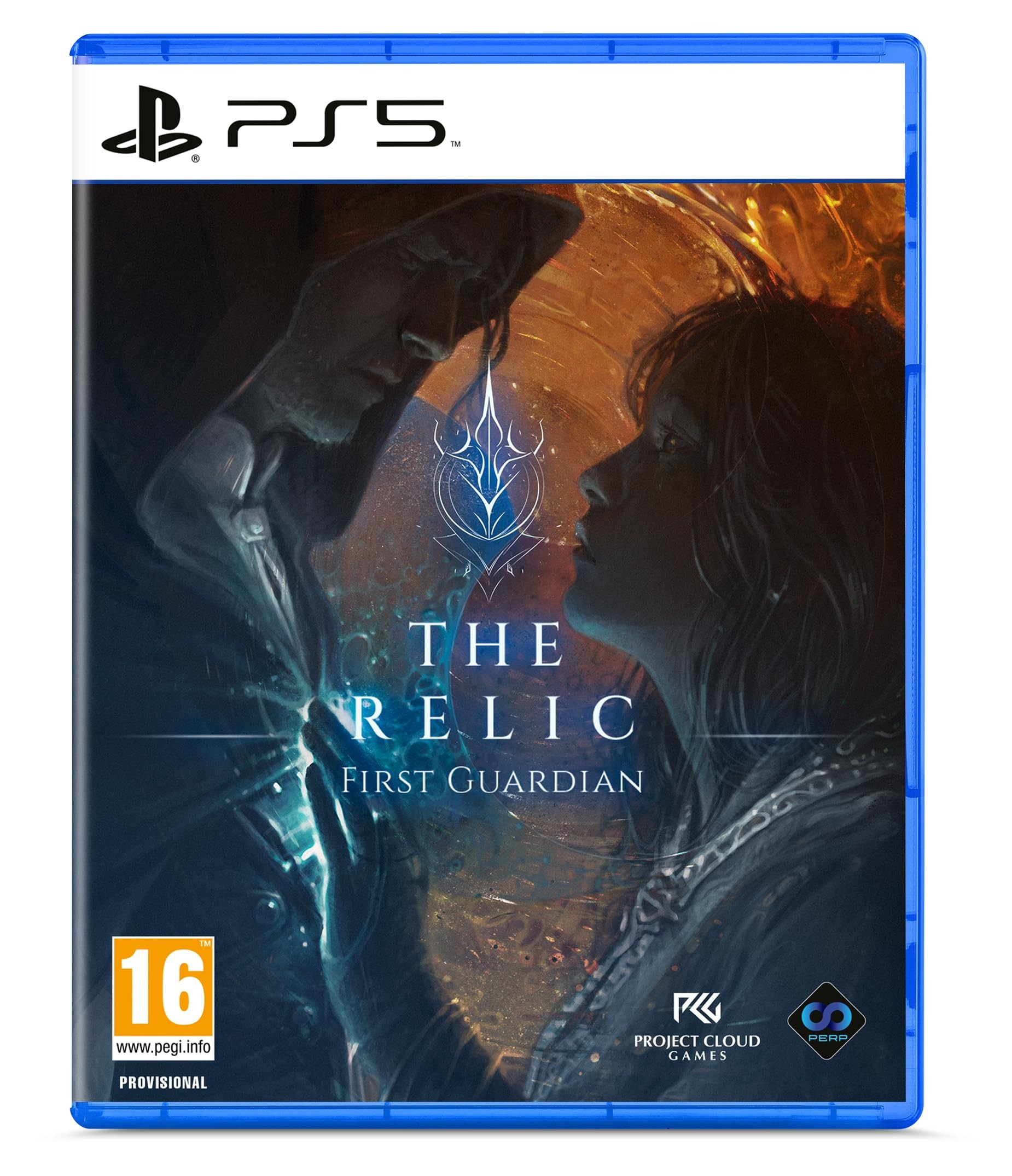 The Relic: First Guardian for PS5 features a blue case with a dramatic cover art showing a hooded figure and a woman against a vibrant, swirling background.