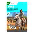 The Sims 4 Horse Ranch Expansion Pack features a vibrant cover with a woman riding a white horse, set against a scenic ranch backdrop, showcasing key gameplay elements.