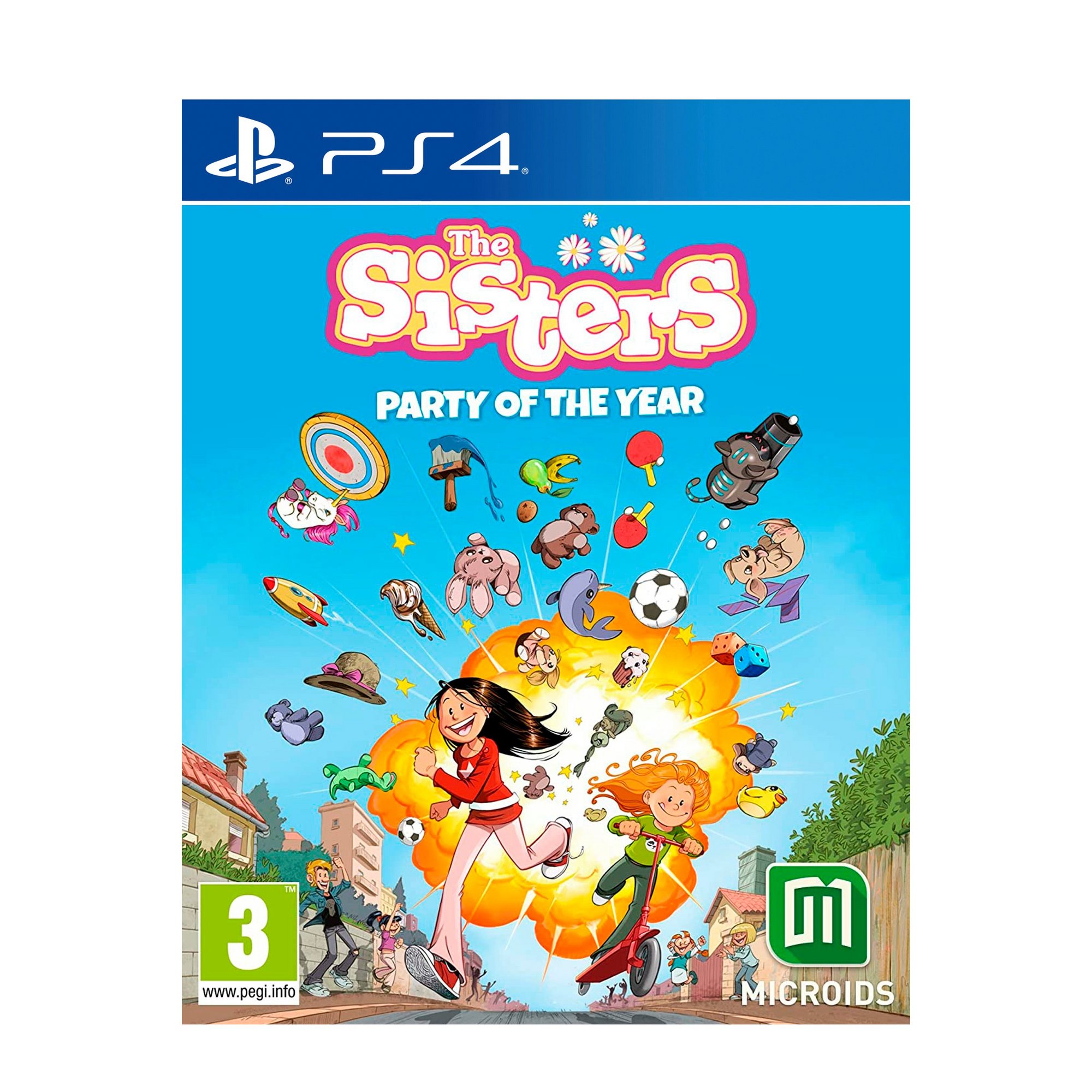 Colorful game cover featuring animated characters in a lively scene, with a bright blue background, showcasing various party items and activities, labeled "The Sisters: Party of the Year" for PS4.