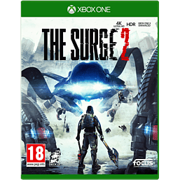 The Surge 2 for Xbox One features a vibrant green case, showcasing a futuristic scene with a character and robotic elements, highlighted by bold text and a 18+ rating.