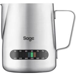 Stainless steel milk pitcher with a sleek design, featuring a temperature control display on the front, marked in degrees Fahrenheit and Celsius, by Sage.