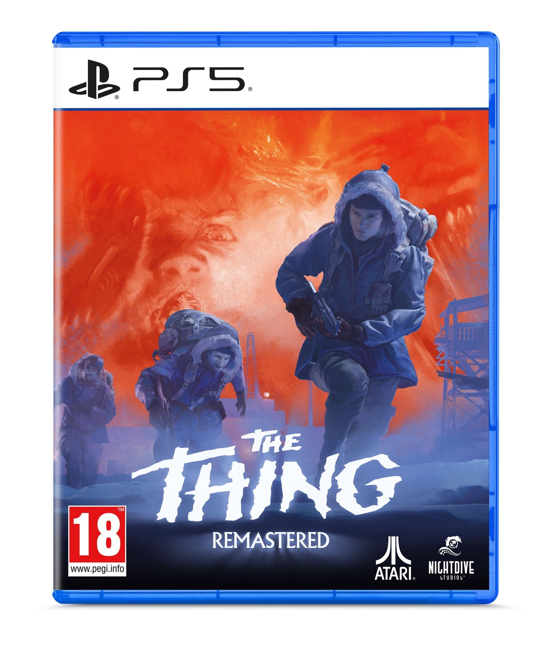 The Thing: Remastered for PS5 features a blue case with striking orange and red artwork, depicting characters in winter gear against a chilling backdrop.