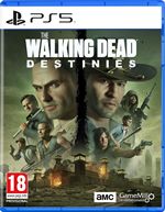 The Walking Dead: Destinies video game cover features a dark, dramatic background with characters holding weapons, prominently displaying the title and PS5 logo.