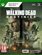 Green game case featuring "The Walking Dead: Destinies" title, with characters holding weapons, a post-apocalyptic backdrop, and an age rating of 18.
