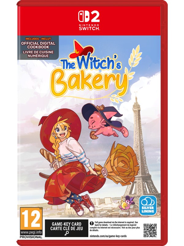 Colorful game cover featuring a girl in a red dress and hat with a broom, accompanied by a pink creature, set against a Parisian backdrop with the Eiffel Tower, labeled "The Witch's Bakery."