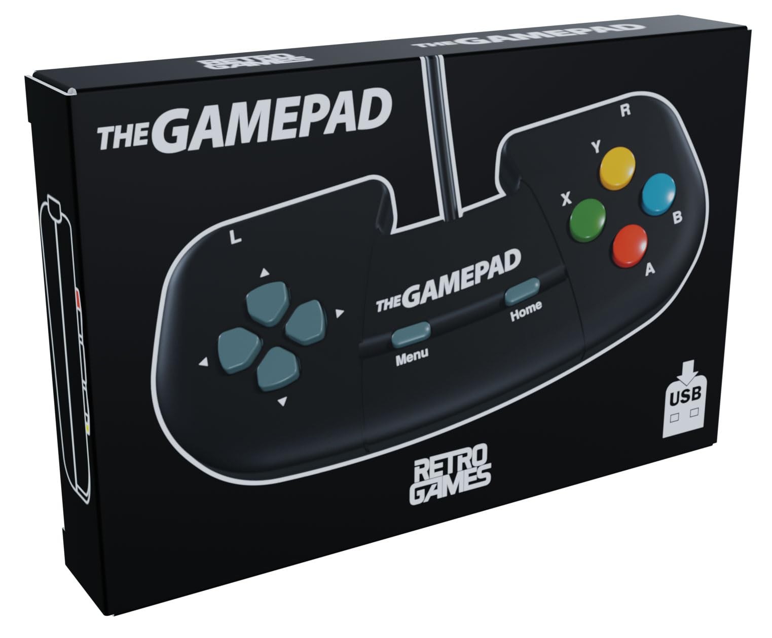 Black gamepad with a retro design, featuring a directional pad, four colorful action buttons (red, yellow, green, blue), and USB connection, packaged in a sleek box labeled "THEGAMEPAD" by RETRO GAMES.