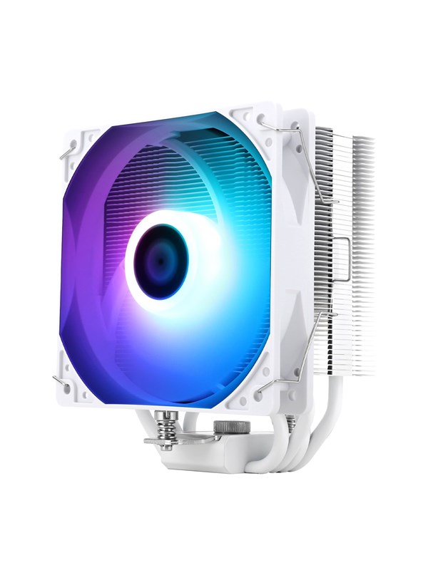 White CPU air cooler featuring a large, illuminated ARGB fan with a gradient color effect, aluminum fins, and copper heat pipes for efficient heat dissipation.