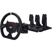 Black Thermaltake G6 USB steering wheel with red accents and three matching pedals on a sleek base.
