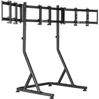 Black Thermaltake monitor mount stand, dual vertical supports, adjustable arms for 55" screens, sturdy base.