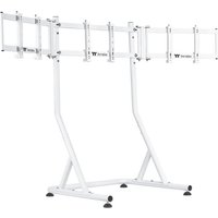 White Thermaltake monitor stand with adjustable arms and sturdy base, designed for 55-inch screens.