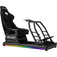 Black Thermaltake GR500 Racing cockpit with ergonomic seat, adjustable frame, and RGB lighting on the base.