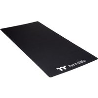 Black Thermaltake racing simulator mat with white logo in the corner, rectangular shape and smooth surface.