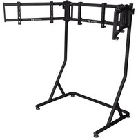 Black Thermaltake monitor stand with dual adjustable arms and sturdy base, designed for 55-inch screens.