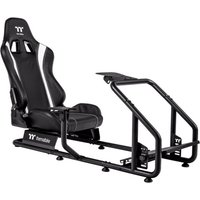 Black Thermaltake gaming chair with white accents, ergonomic design, and sturdy metal frame for console gaming.