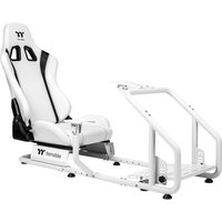 White Thermaltake gaming chair with black accents, ergonomic design, and sturdy metal frame for console gaming.