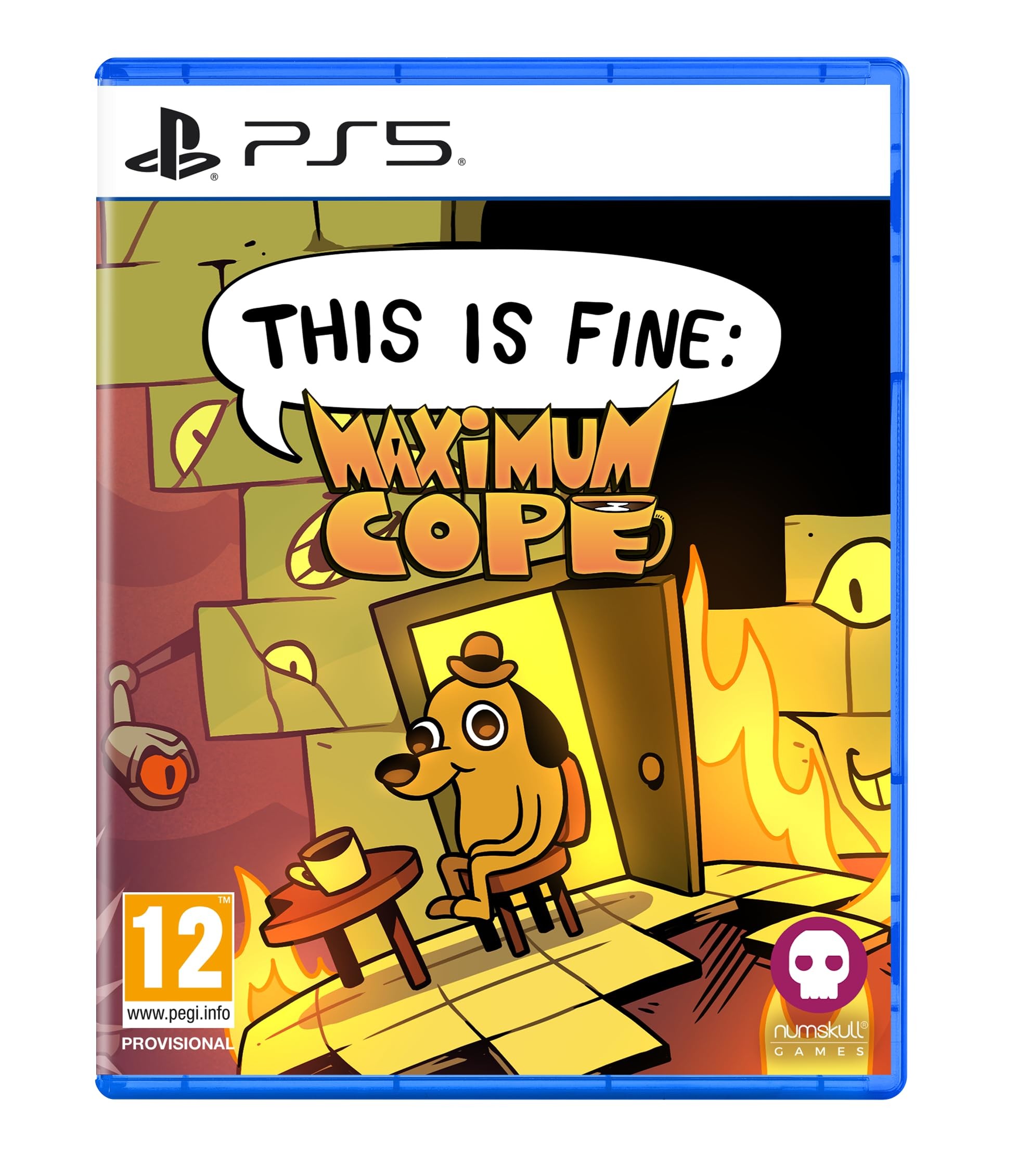 Colorful PS5 game case featuring a cartoon dog sitting calmly at a table amidst flames, with the title "THIS IS FINE: MAXIMUM COPE" prominently displayed above.