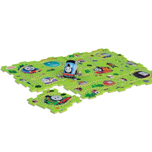 Bright green motorised puzzle track playset featuring Thomas the Tank Engine, with colorful scenes and characters, made of durable plastic pieces that fit together.