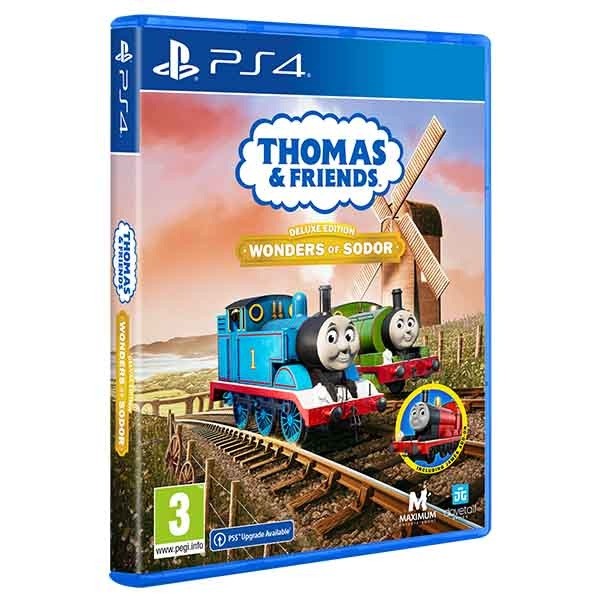 Blue PS4 game case featuring "Thomas & Friends: Wonders of Sodor Deluxe Edition," with colorful artwork of Thomas and Percy near a windmill and green fields.