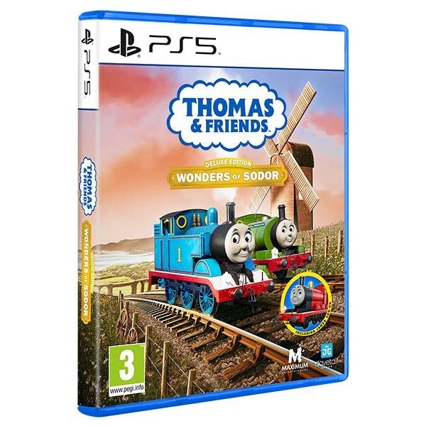 Thomas & Friends: Wonders of Sodor Deluxe Edition for PS5 features colorful cover art with Thomas and friends, set against a scenic background with a windmill and railway tracks.