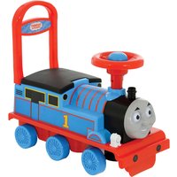 Blue Thomas the Tank Engine ride-on toy with red handle, steering wheel, and smiling face on front.