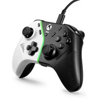 Black and white Thrustmaster USB gamepad with textured grips, green accents, for PC and Xbox One consoles.