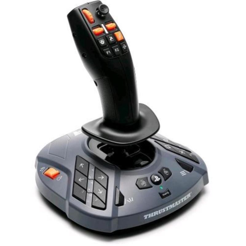 Black flight stick with a textured grip, featuring multiple buttons and a throttle control on a gray base, designed for PC and PlayStation 5 gaming.