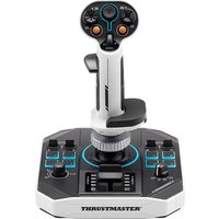 Black and white Thrustmaster USB flightstick with multiple buttons, throttle control, and illuminated base.