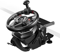 Black racing wheel with a textured grip, featuring red accents, a sturdy base, and a gear shifter, designed for Xbox and PC simulator games.