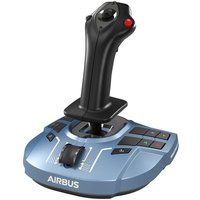 Black and grey Thrustmaster TCA Sidestick X joystick with Airbus branding, USB connection, and multiple buttons.