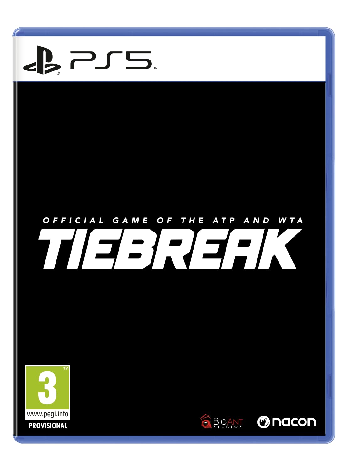 Tiebreak: Official Game of the ATP and WTA: Ace Edition for PS5 features a sleek black cover with bold white text and logos, highlighting its official status and age rating.