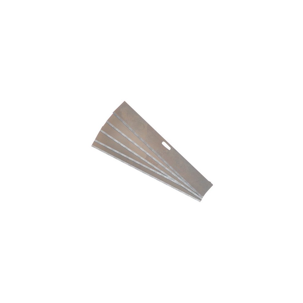 Pack of five Vitrex TRB105 replacement blades for TAS100, featuring metal construction with a sharp edge and a hole for easy attachment.