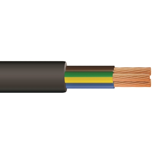Black 3-core flexible cable with a 1.5mm diameter, featuring copper conductors in brown, blue, and green/yellow insulation, coiled and measuring 100 meters in length.