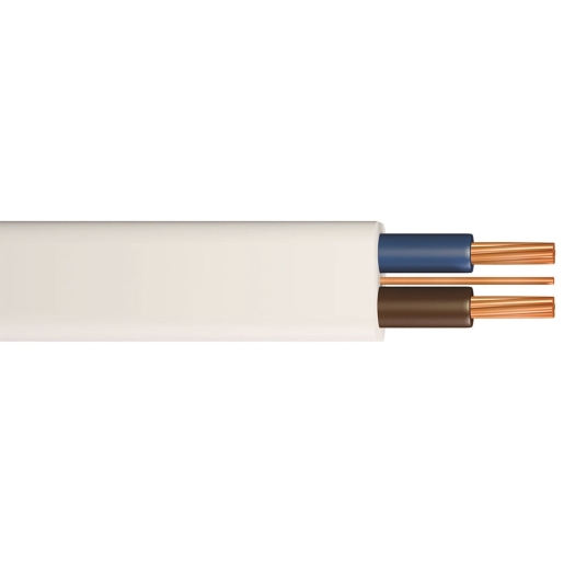 White LSZH twin and earth cable featuring two copper conductors, one brown and one blue, with a diameter of 2.5mm, available in a 100-meter length.