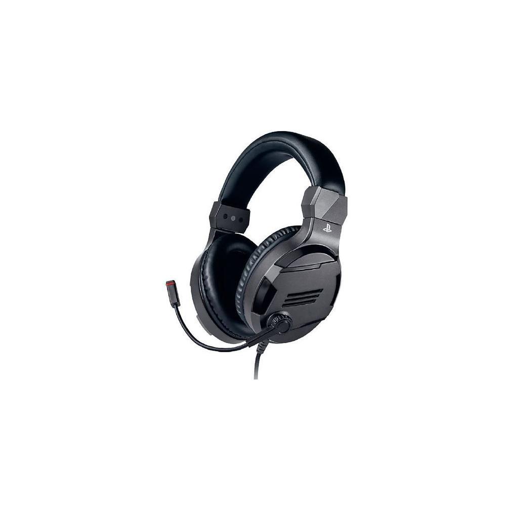 Black over-ear headset with a padded headband, adjustable microphone, and PlayStation logo, designed for PlayStation 4 gaming by Nacon.