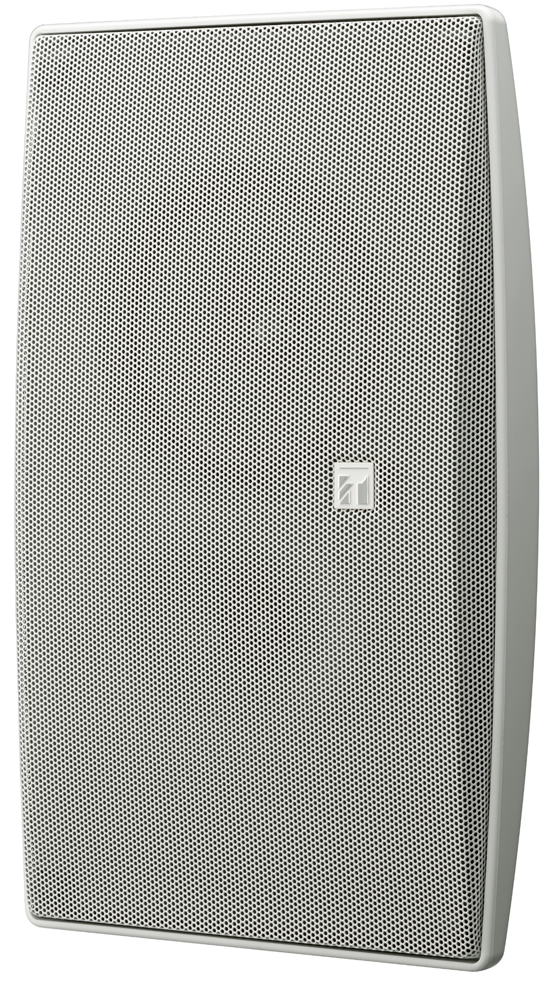 White TOA BS-634T loudspeaker with a textured metal grille, featuring a sleek, rectangular design and a small logo in the center, suitable for wired audio applications.