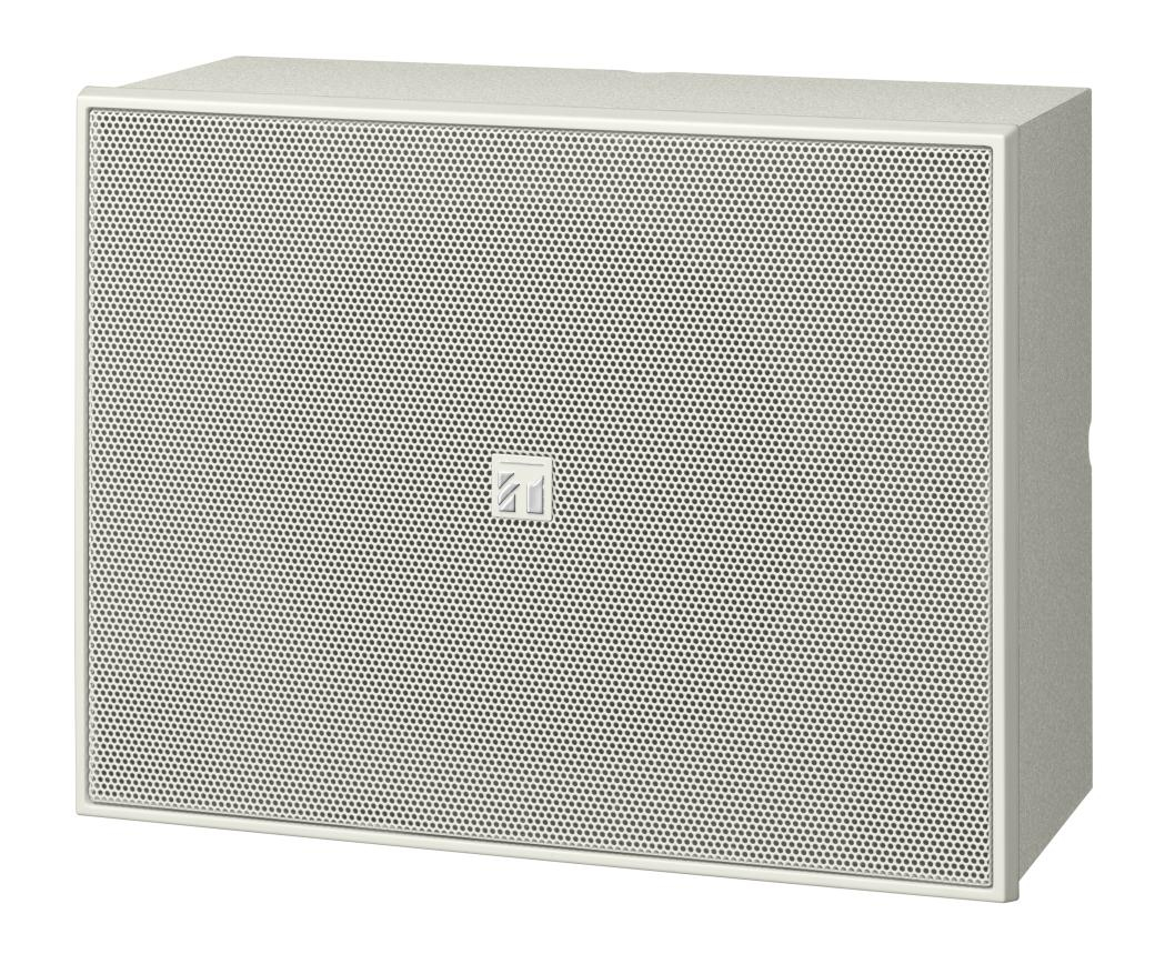 White wired loudspeaker with a rectangular design, featuring a metal mesh grille and a central logo, designed for 6 W output, suitable for various audio applications.