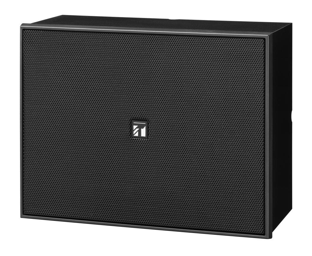 Black wired loudspeaker with a textured grille and a sleek rectangular design, featuring a prominent TOA logo on the front, rated at 6 watts.