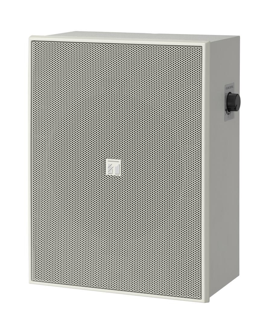 White TOA BS-678T loudspeaker with a metal grille front, featuring a volume control knob on the side and designed for wired connections, rated at 6 watts.