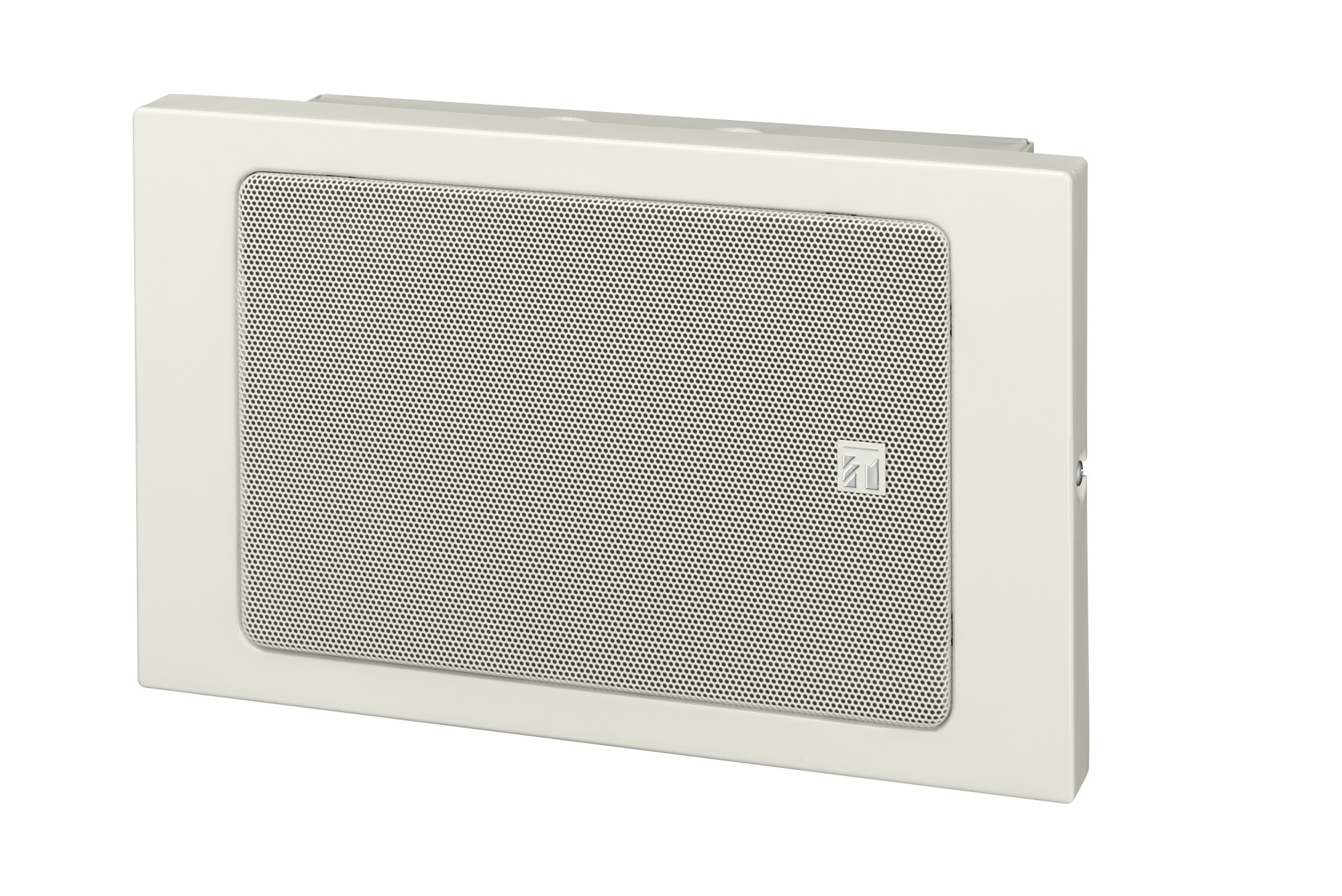 White wired loudspeaker with a rectangular shape, featuring a metal grille front, brand logo, and a sleek design suitable for various audio applications.