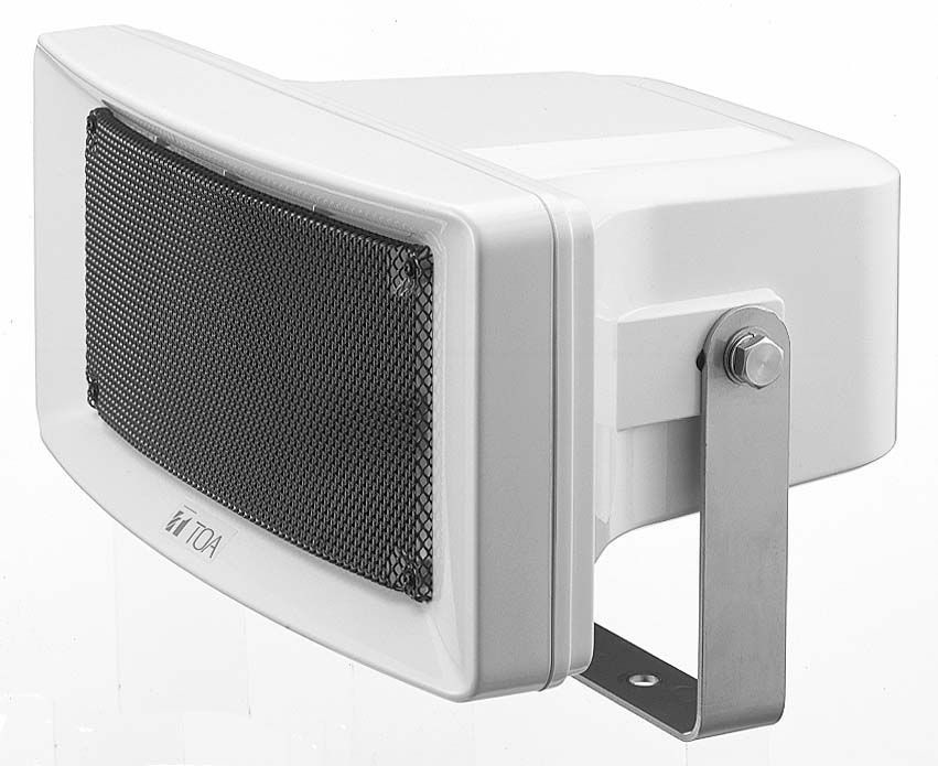 White TOA CS-154 loudspeaker with a sleek design, featuring a black metal grille and a sturdy metal mounting bracket for easy installation.