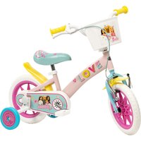 Pink and white Toimsa Barbie 12' bike with training wheels, basket, and colorful decals.