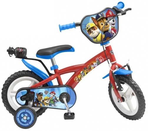 Red Paw Patrol bicycle with 12-inch wheels, featuring a character-themed front shield, black seat, blue handlebars, training wheels, and a decorative chain guard.